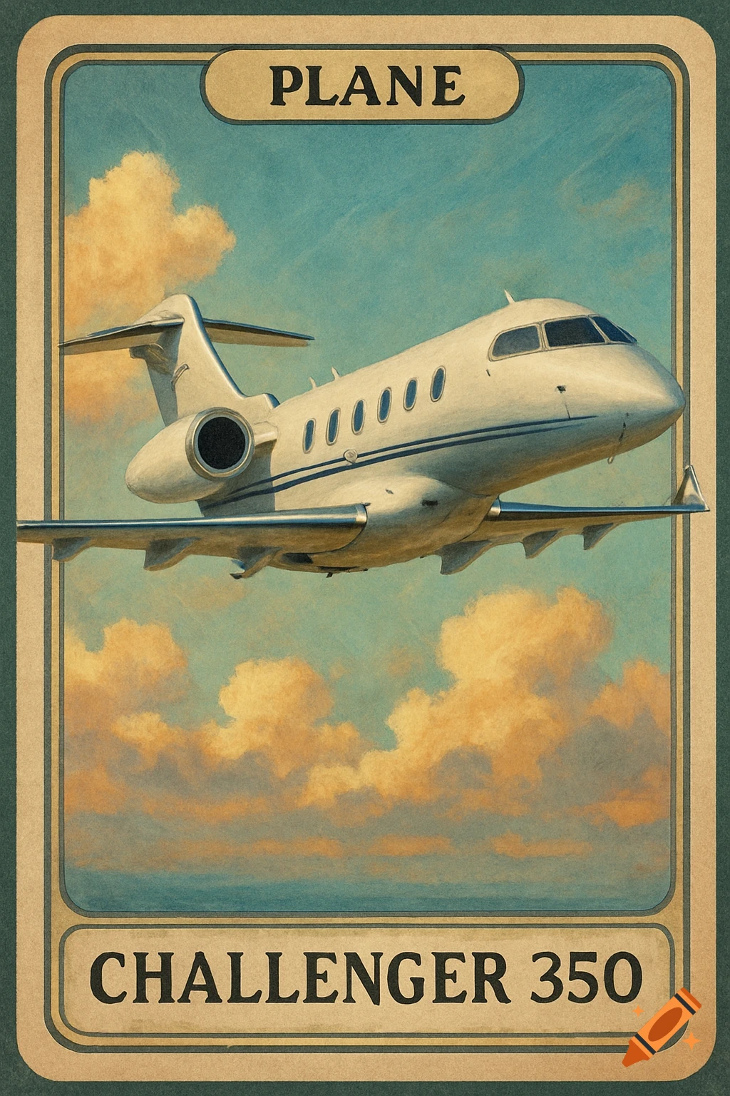 A drawing of a white private jet on a trading card with 'PLANE' and 'CHALLENGER 350' text.