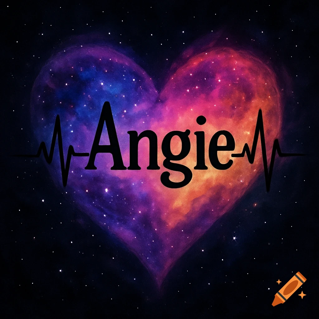 A heart-shaped galaxy nebula with the name Angie and a heartbeat line across it.