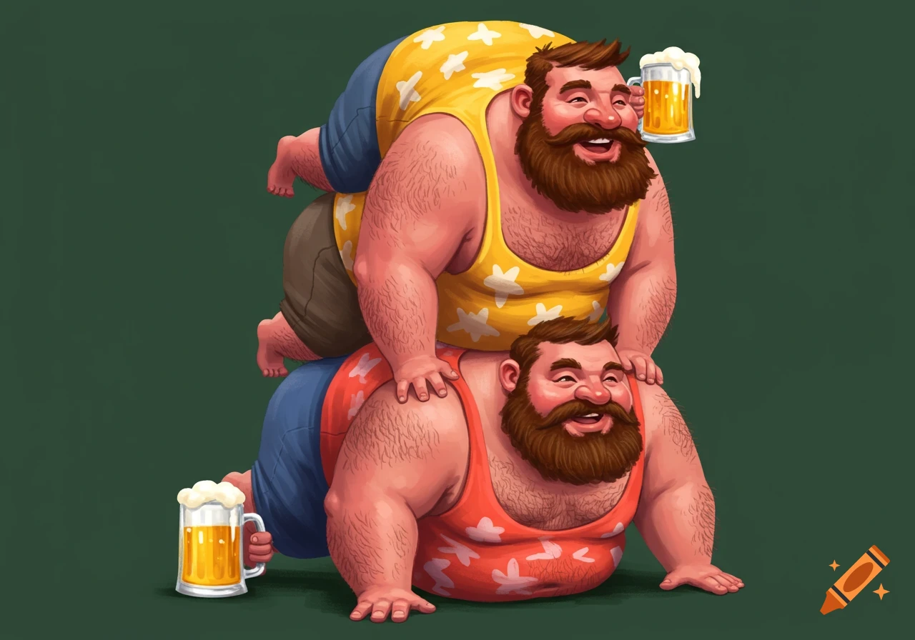 Two cheerful, stacked, hairy men holding beer mugs.