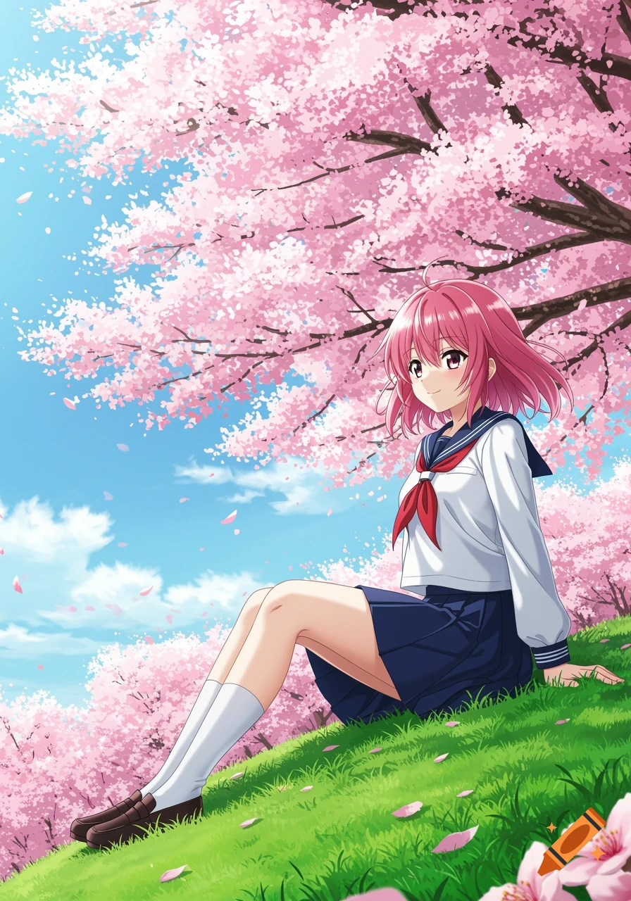 Anime girl in school uniform sits under a cherry blossom tree on a grassy hill.