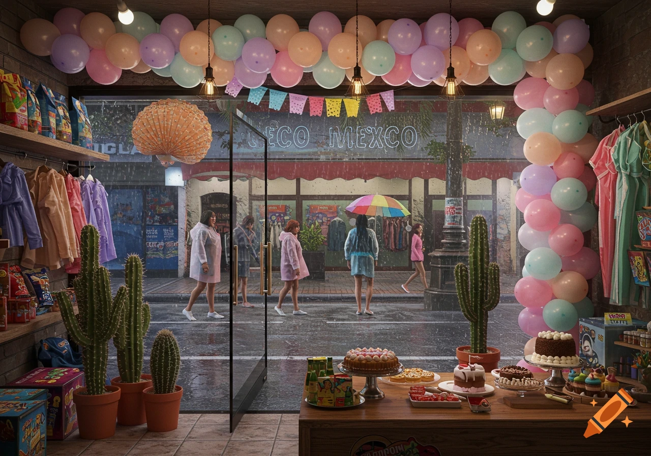 View from inside a store decorated with balloons and cacti, looking out at a rainy street scene with people walking past.
