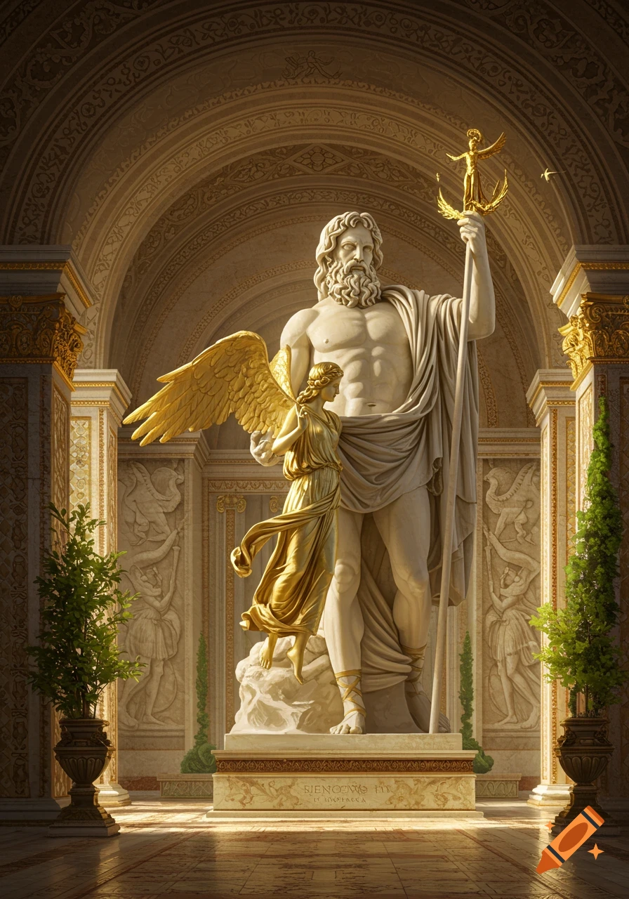 A large statue of Zeus with a smaller golden winged statue in a classical temple.