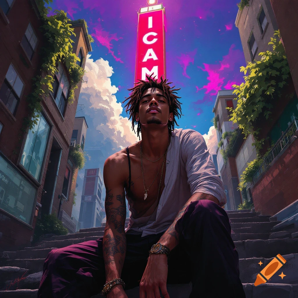 A man with dreadlocks sits on steps on an urban street with a neon sign.