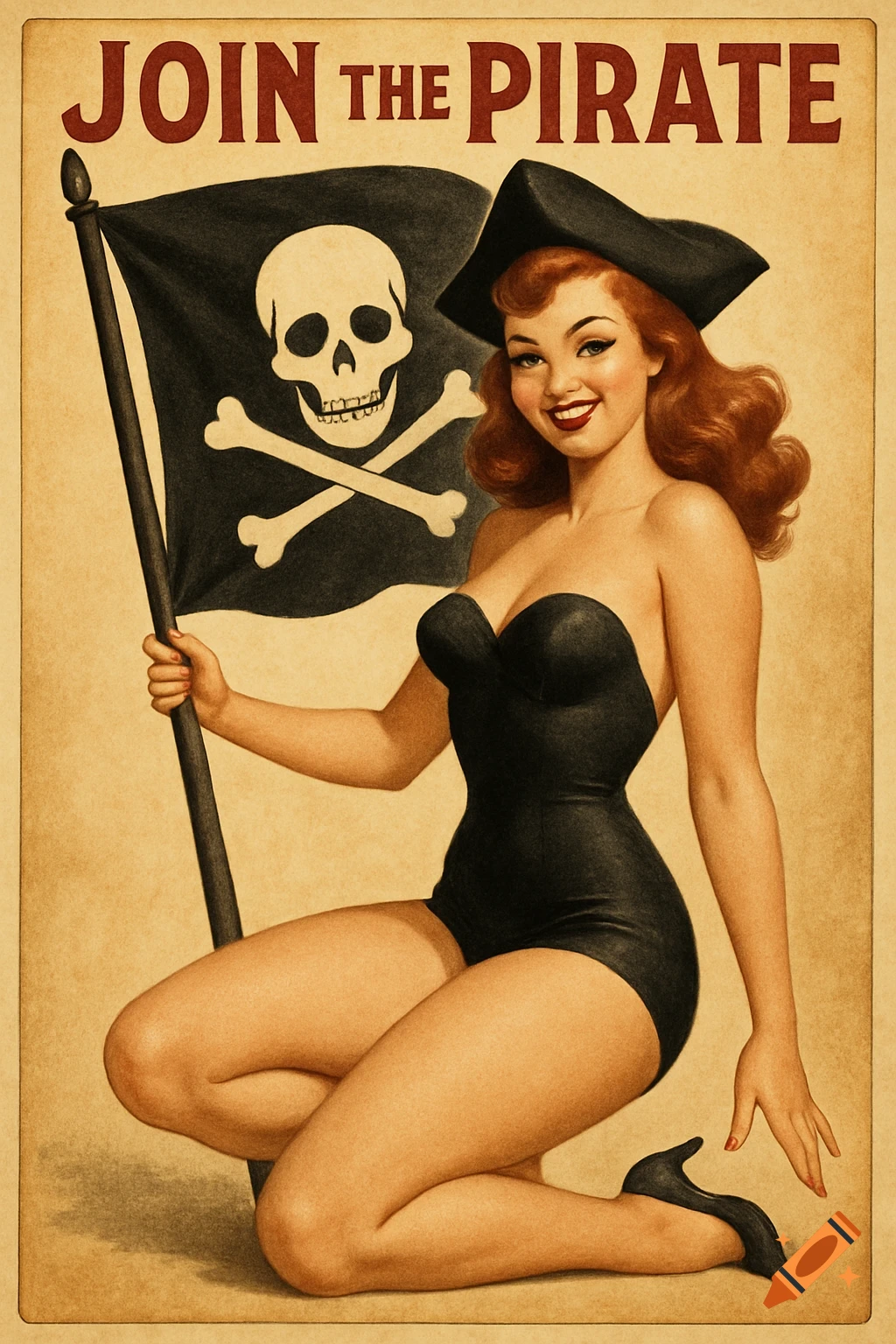 Pinup model holding a Jolly Roger pirate flag with text 'JOIN THE PIRATE' above, vintage poster style.