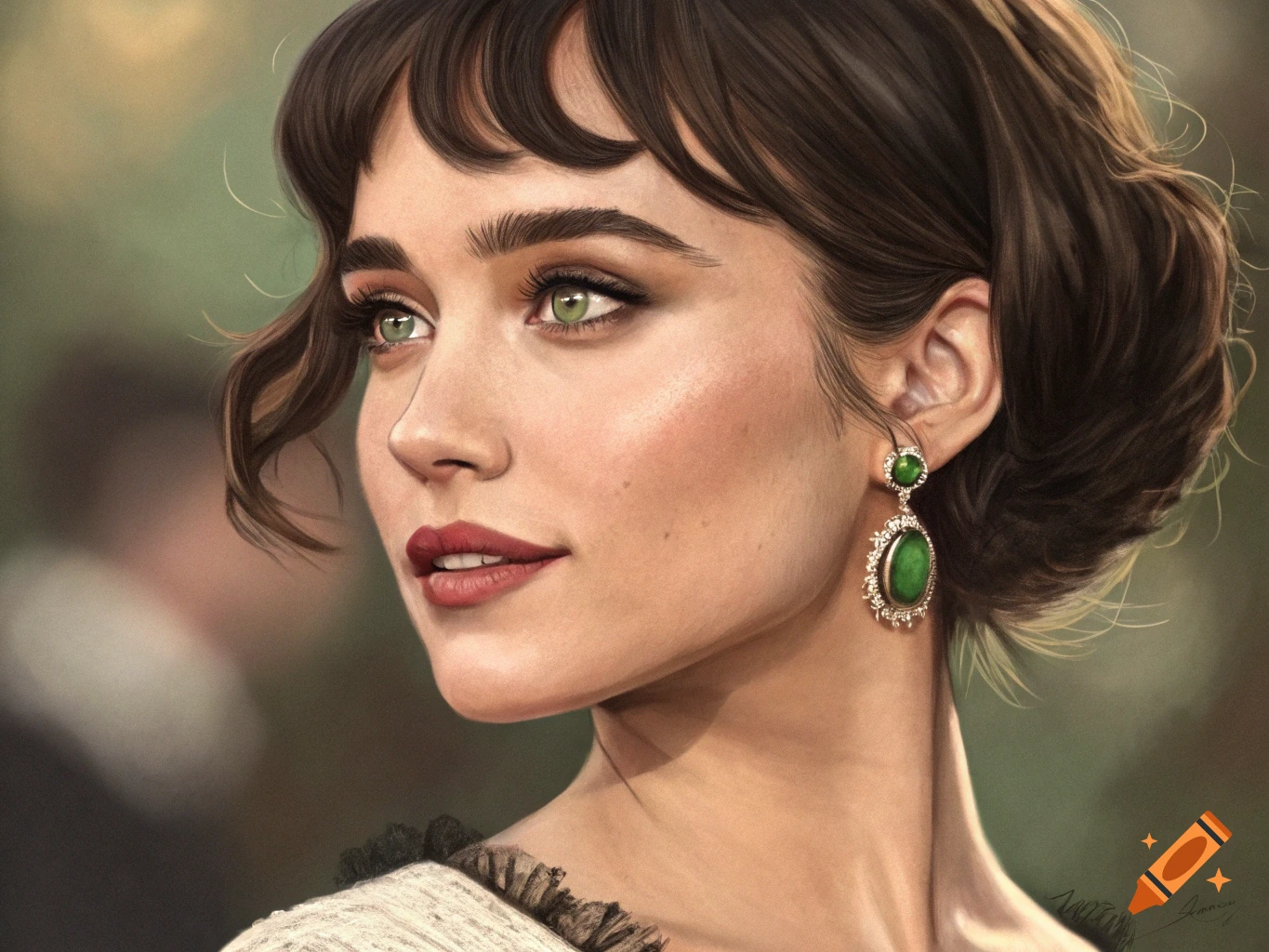 Close-up realistic digital portrait of a woman with green eyes and emerald earring.