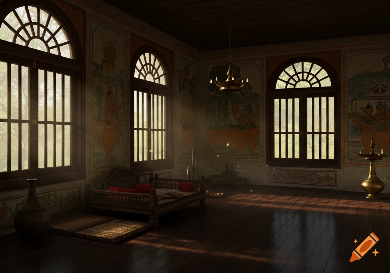 A traditional Kerala house interior with sunlit windows, wall murals, and a daybed.