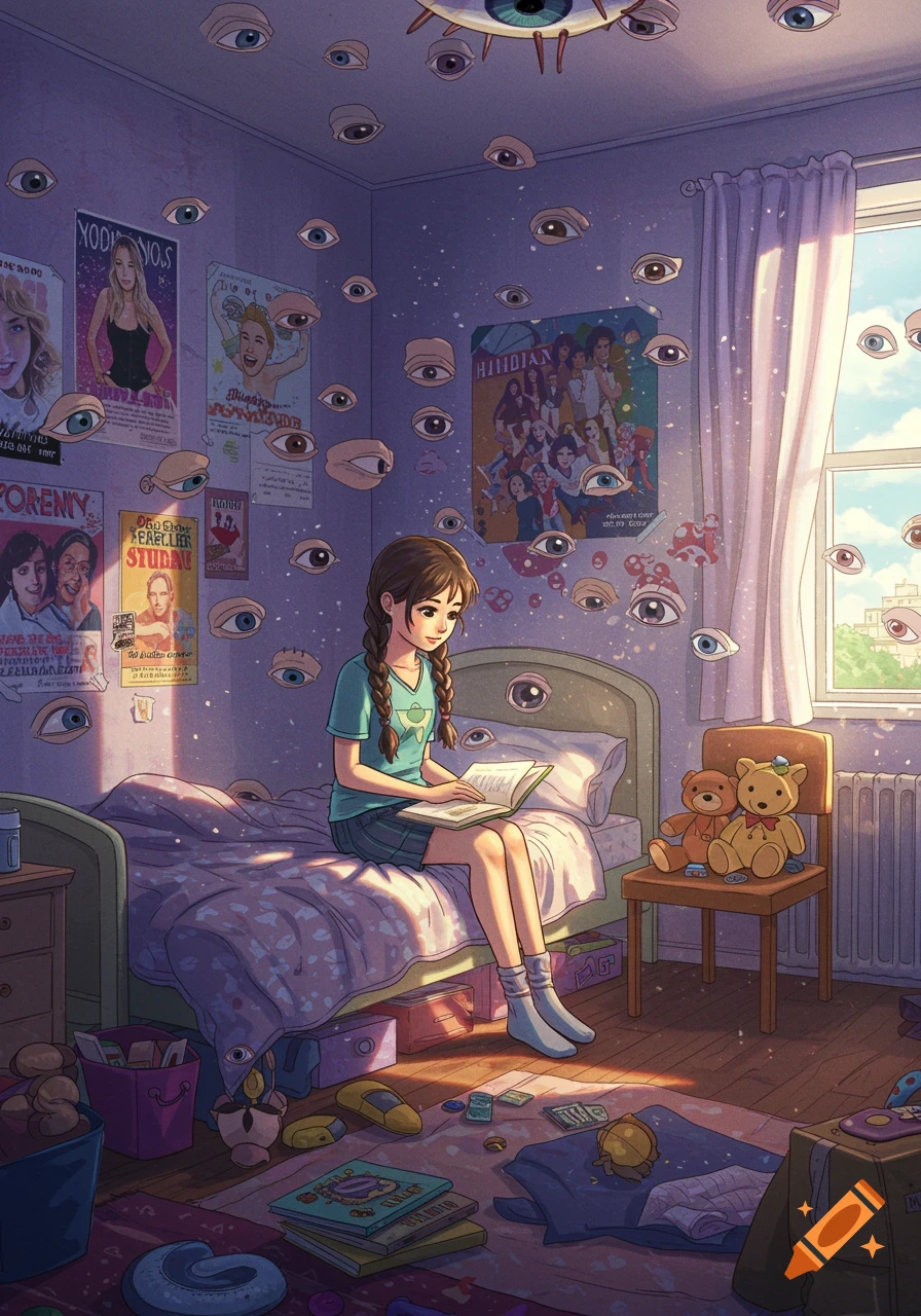 Anime illustration of a girl reading in a bedroom with many eyes watching.