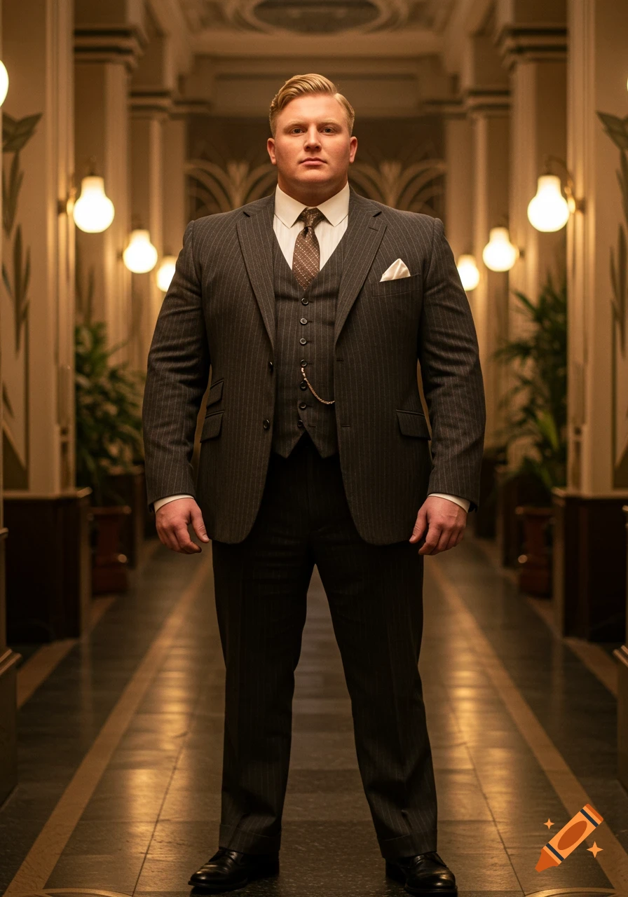 A bulky blond man in a pinstripe 1920s suit stands in an art deco hallway.