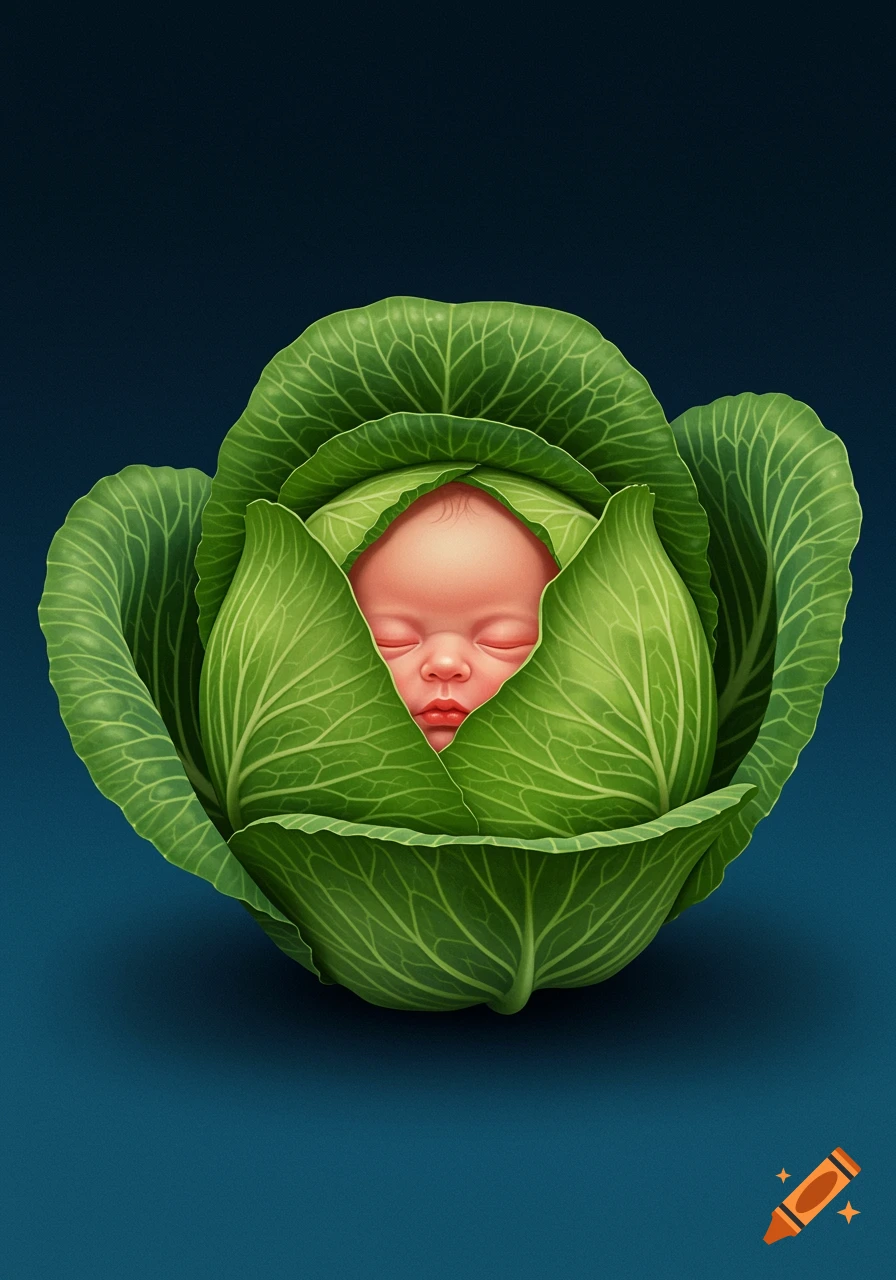 A surrealist image of a baby's head nestled in a green cabbage.