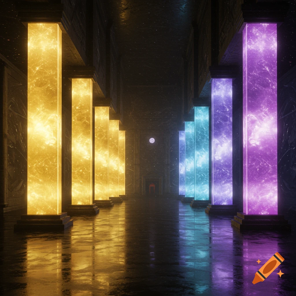 A long hall with seven glowing pillars, yellow to purple, reflected on a dark floor.