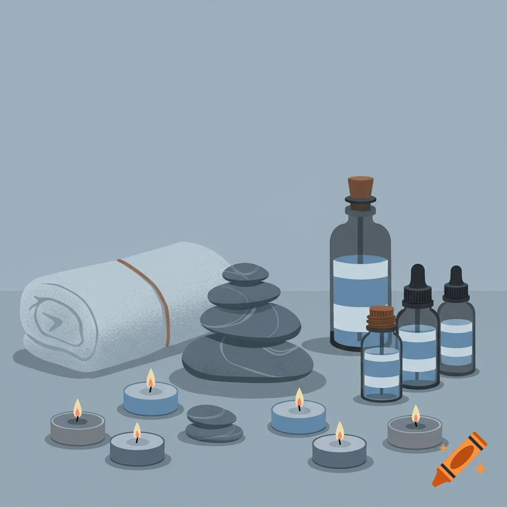 Minimalist illustration of spa items: towel, massage stones, essential oil bottles, and lit candles.