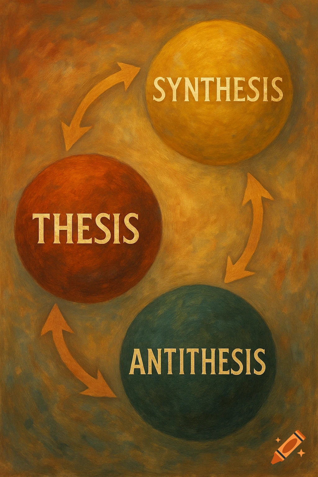 Diagram illustrating Hegelian dialectic with spheres labeled Thesis, Antithesis, Synthesis connected by arrows in a cycle, in a textured painting style.