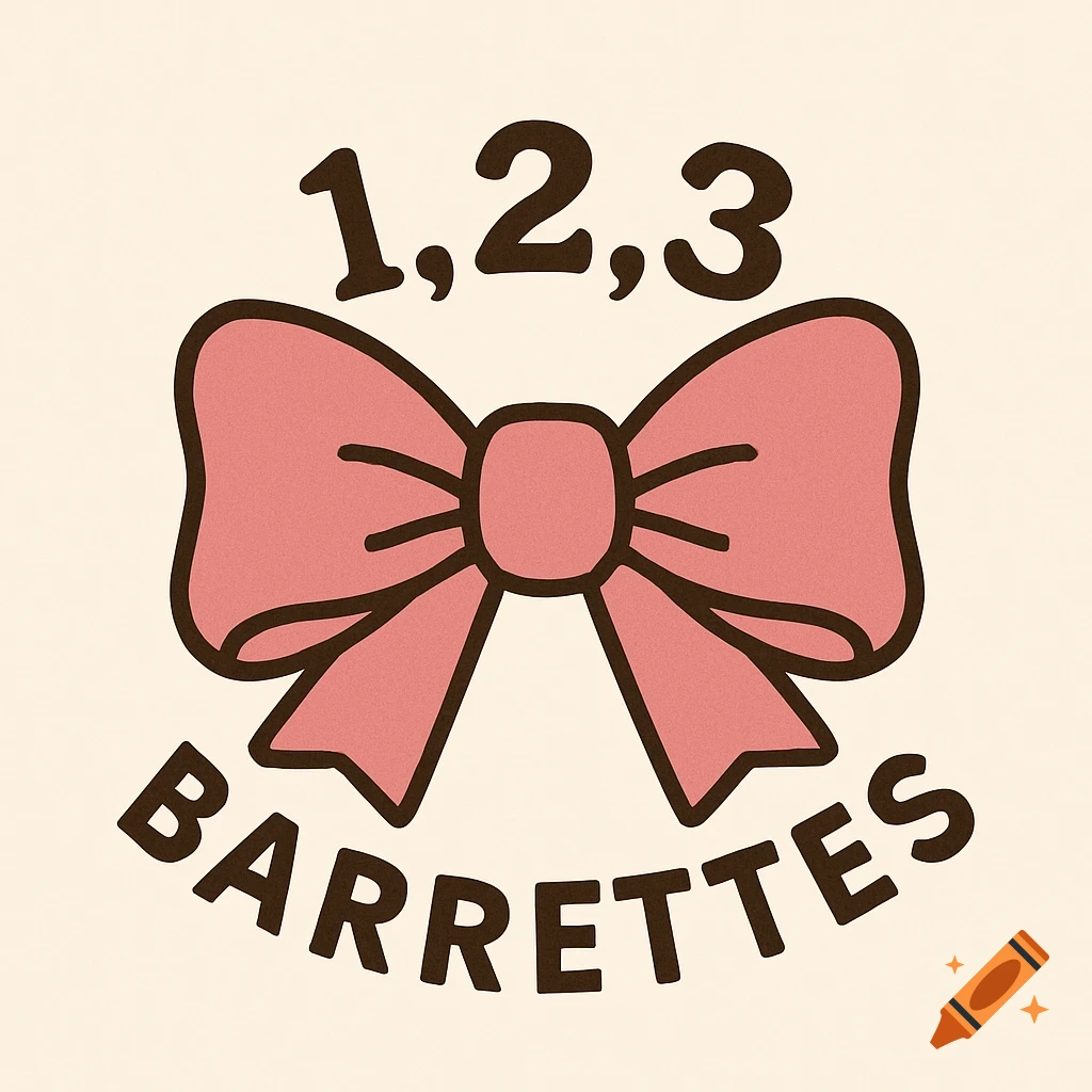 Logo for a hairbow brand, featuring a pink bow and the text '1,2,3 Barrettes'.