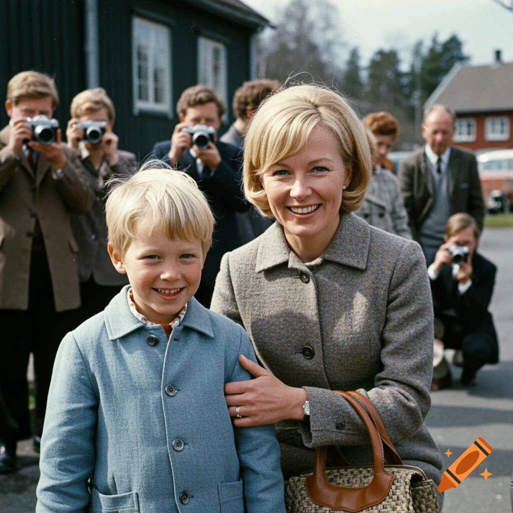 Vintage photo of a mother and son smiling outdoors, surrounded by people taking pictures.