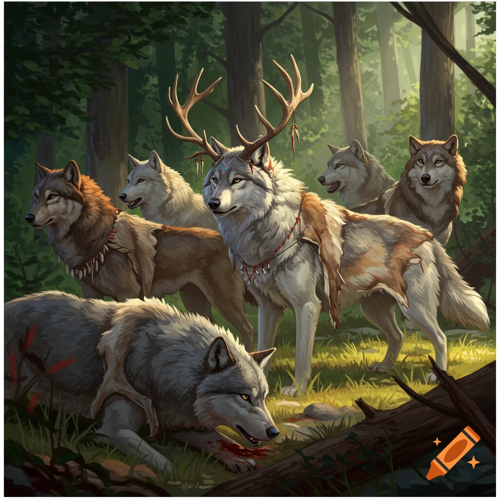 Wolves in a forest, one wearing antlers and skins, others also wearing skins.