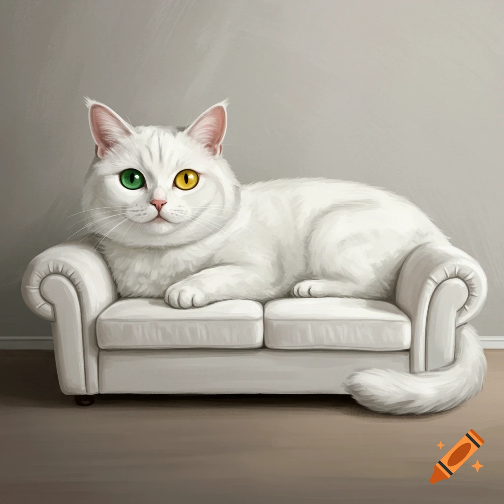A white cat with one green and one yellow eye lies on a white sofa.