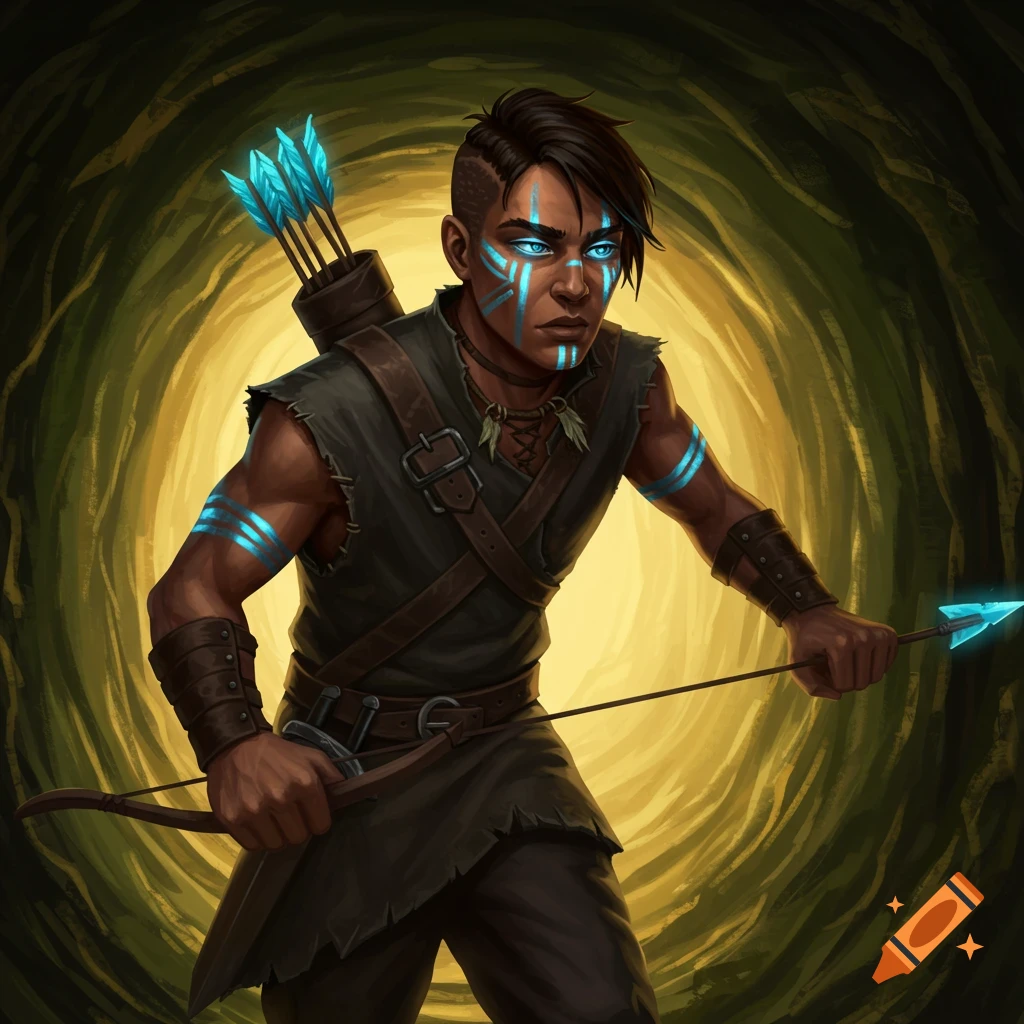 A fantasy ranger with glowing blue facepaint and arrows, holding a bow in a cave.