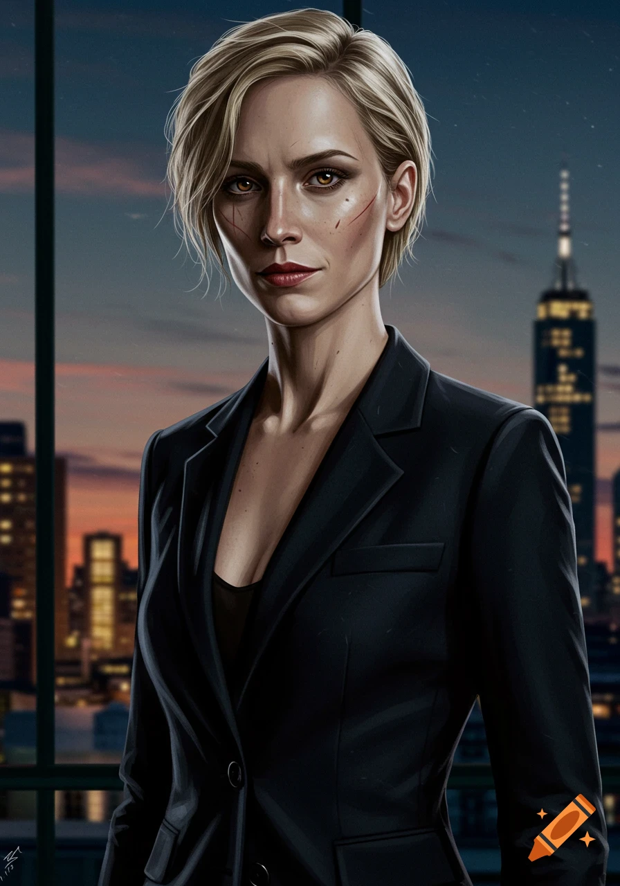 A woman in a suit with short blonde hair, looking out over a city skyline.