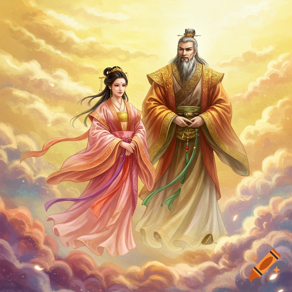 A man and woman in traditional Chinese clothing floating on clouds