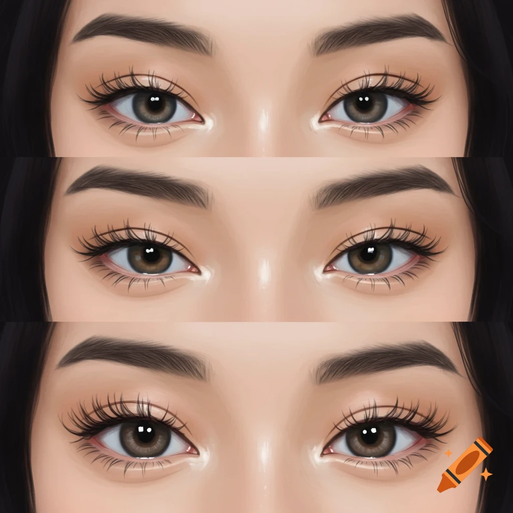 Collage of three close-up views of Asian eyes with long eyelashes and eyebrows.