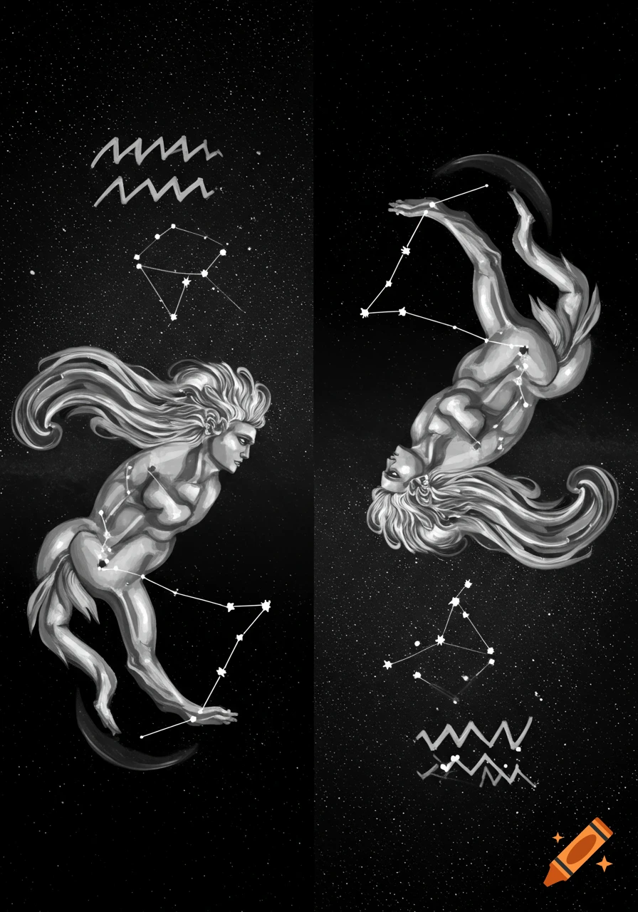 Black and white illustration of two mythical figures with constellations on a starry background.