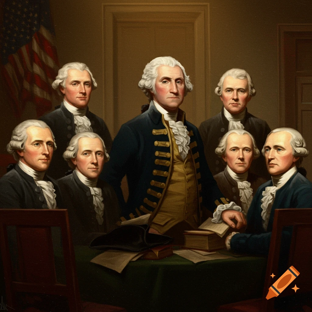 Painting of George Washington and other men in colonial attire gathered around a table with an American flag.