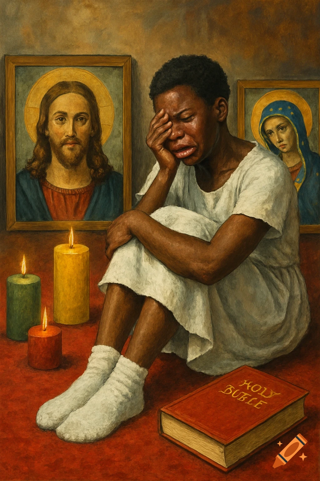 A person is crying next to portraits of Jesus and Mary, candles, and a Bible.