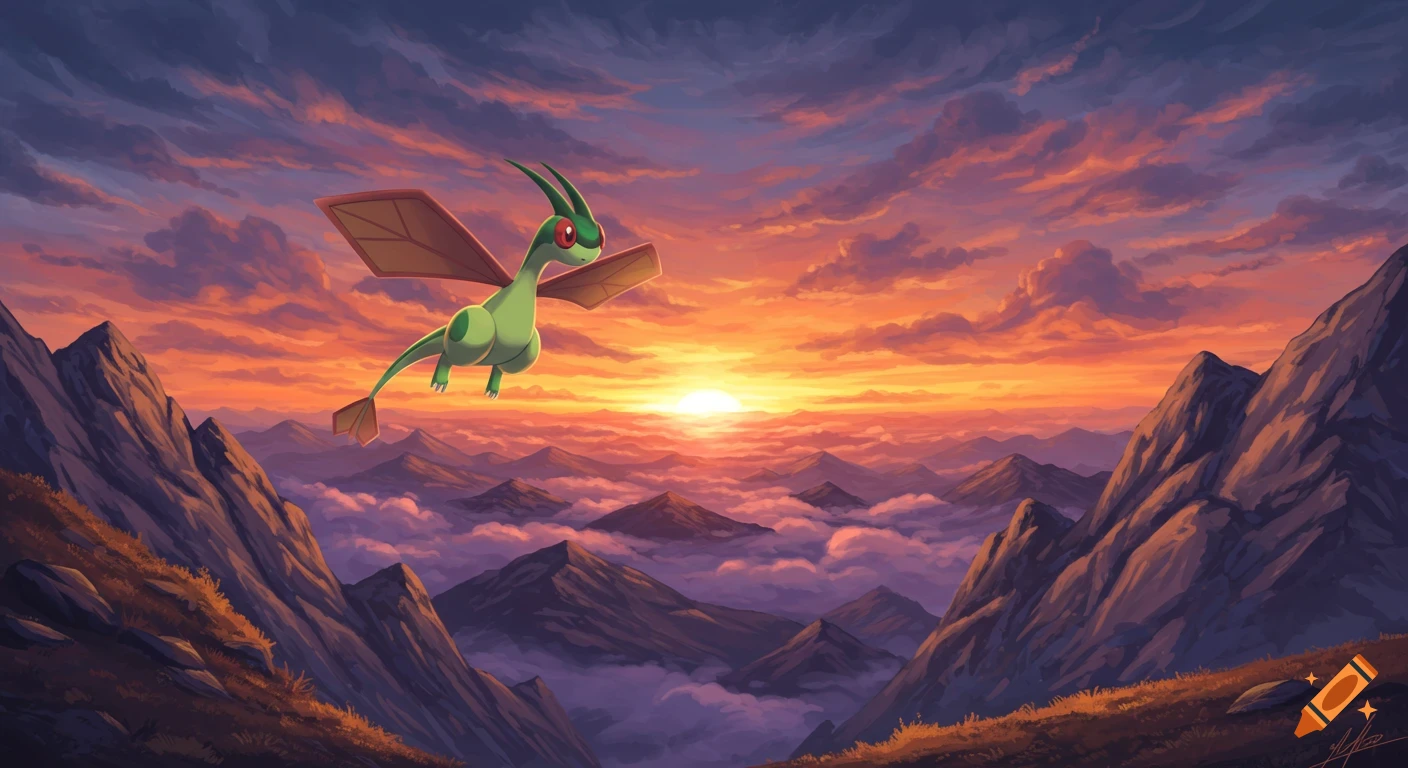 A green dragon-like Pokemon, Flygon, flies over a vast mountain range and clouds during a vibrant sunset.