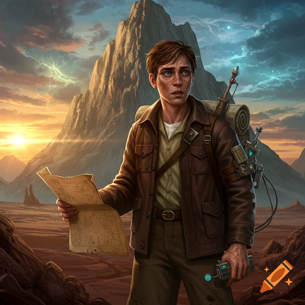 An explorer holds a map in a rocky, mountainous landscape with a dramatic sky.