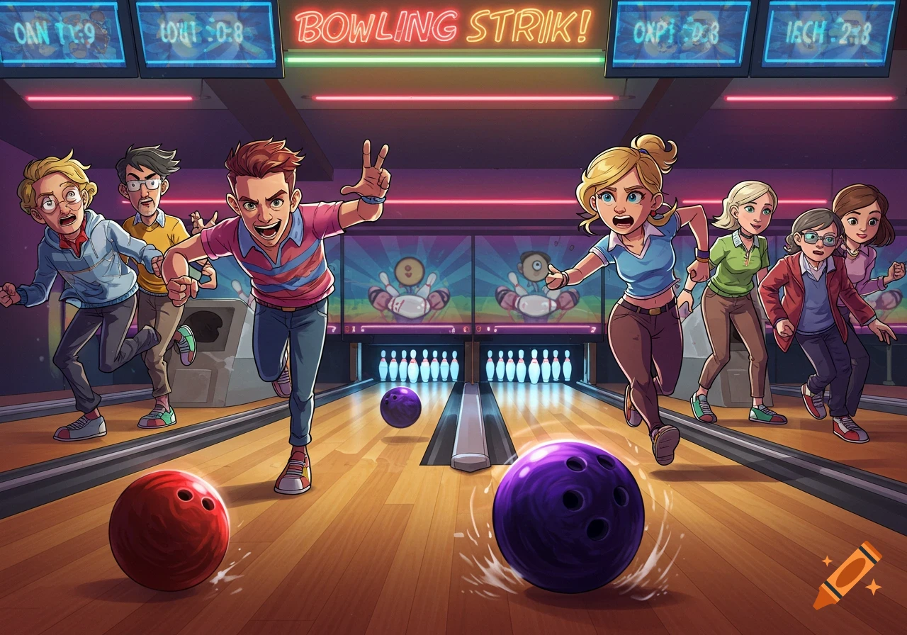 A group of diverse people excitedly bowling in an alley with balls rolling down lanes.