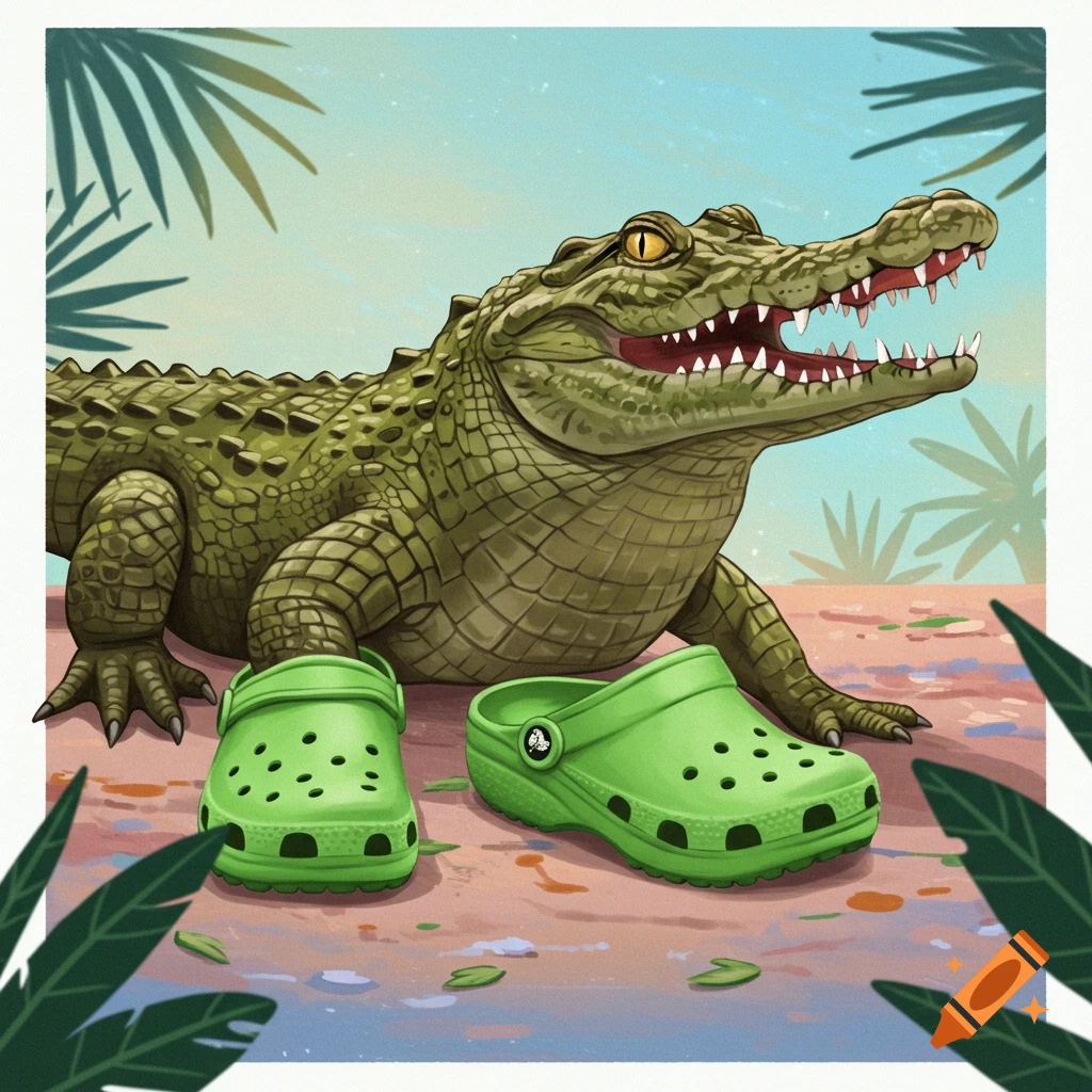 A crocodile wearing green Crocs shoes is in a jungle setting.