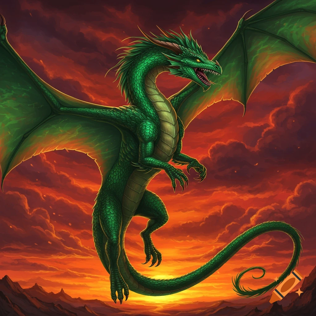 A green dragon flies against a sunset sky.