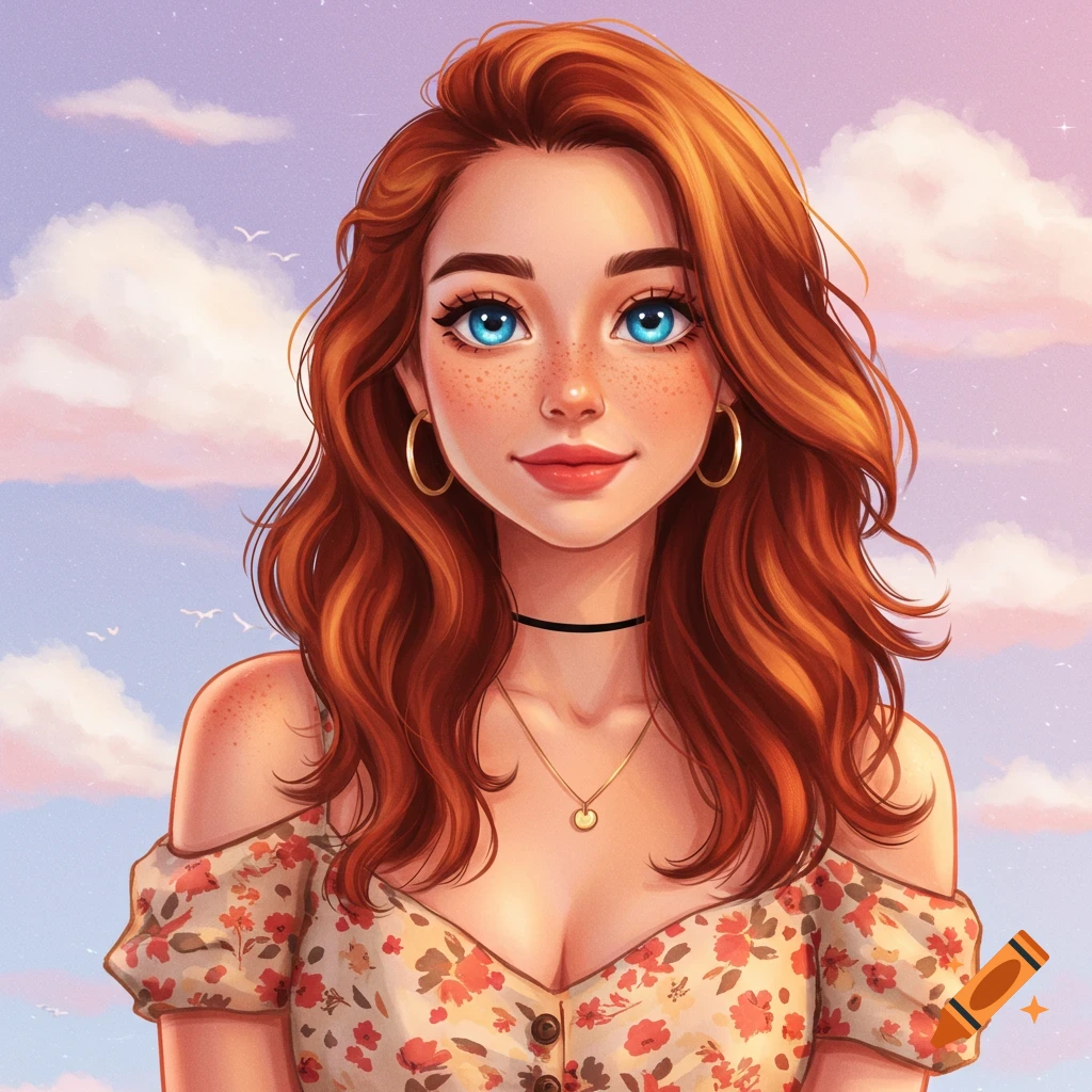 A young woman with red hair and blue eyes wears a floral dress against a cloudy sky.