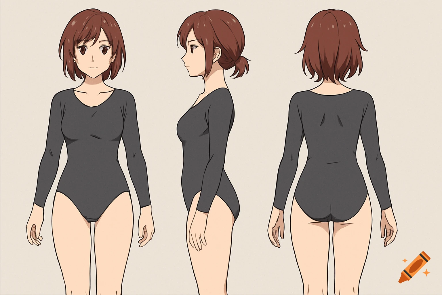 Anime model sheet of a woman in a grey leotard, showing front, side, and back views.