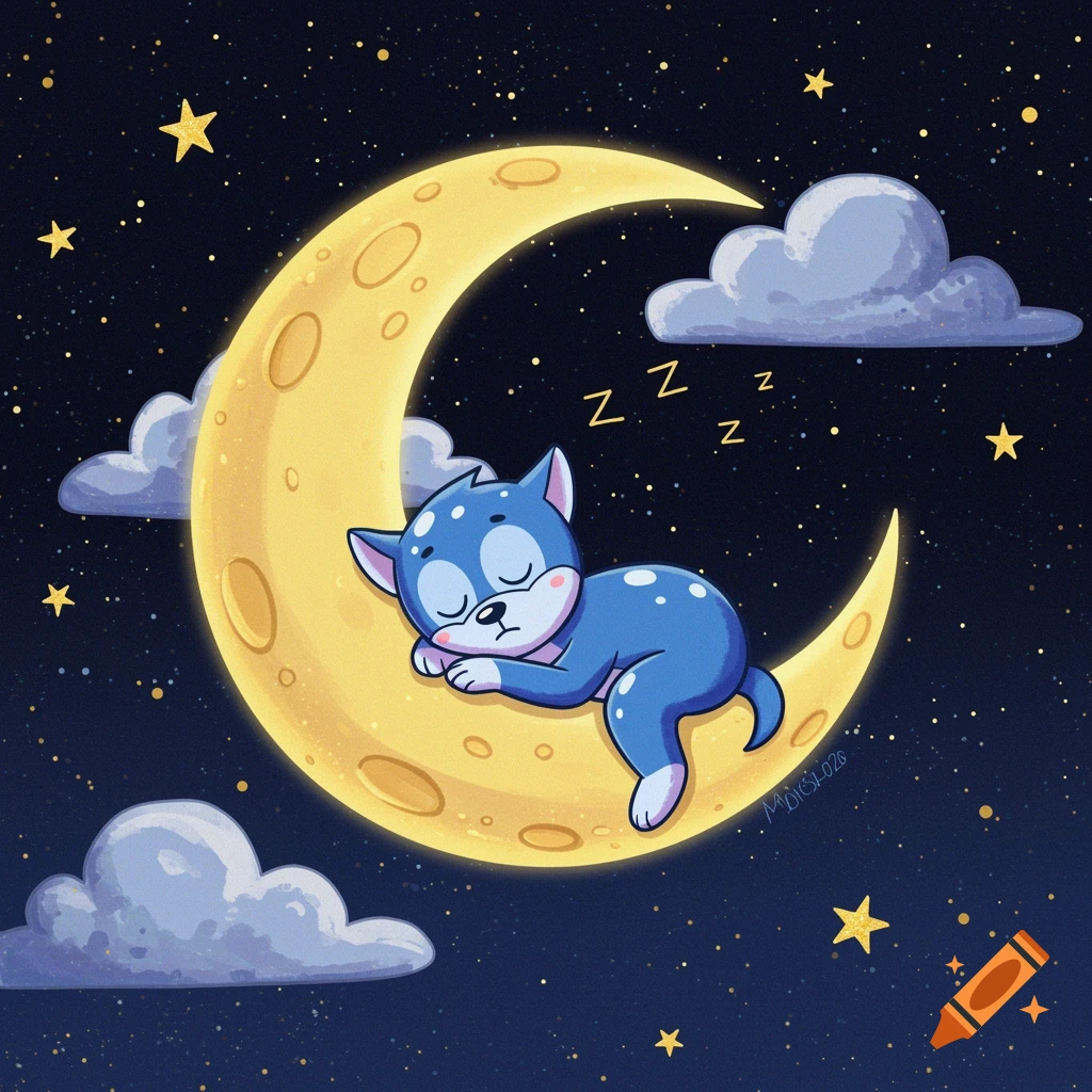 A whimsical blue cartoon cat sleeping on a crescent moon in a starry night sky with clouds.