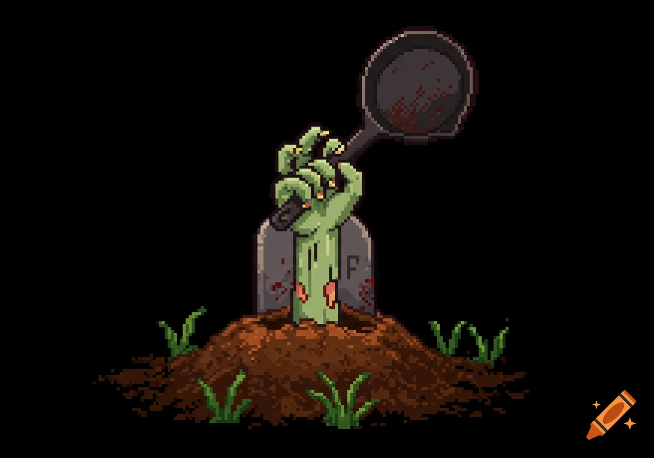 A green pixelated zombie hand emerges from brown dirt next to a gray tombstone, holding a black skillet with red spots.