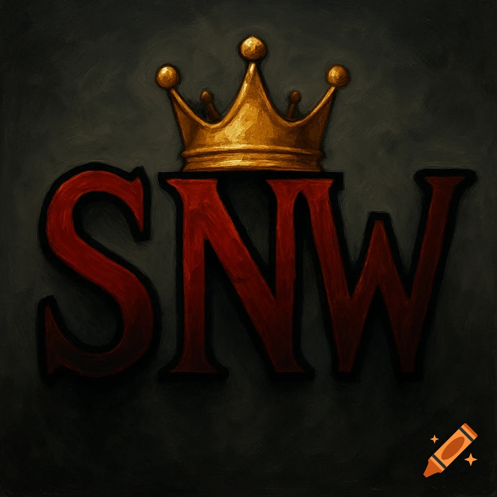 Red letters SNW with a golden crown on the N