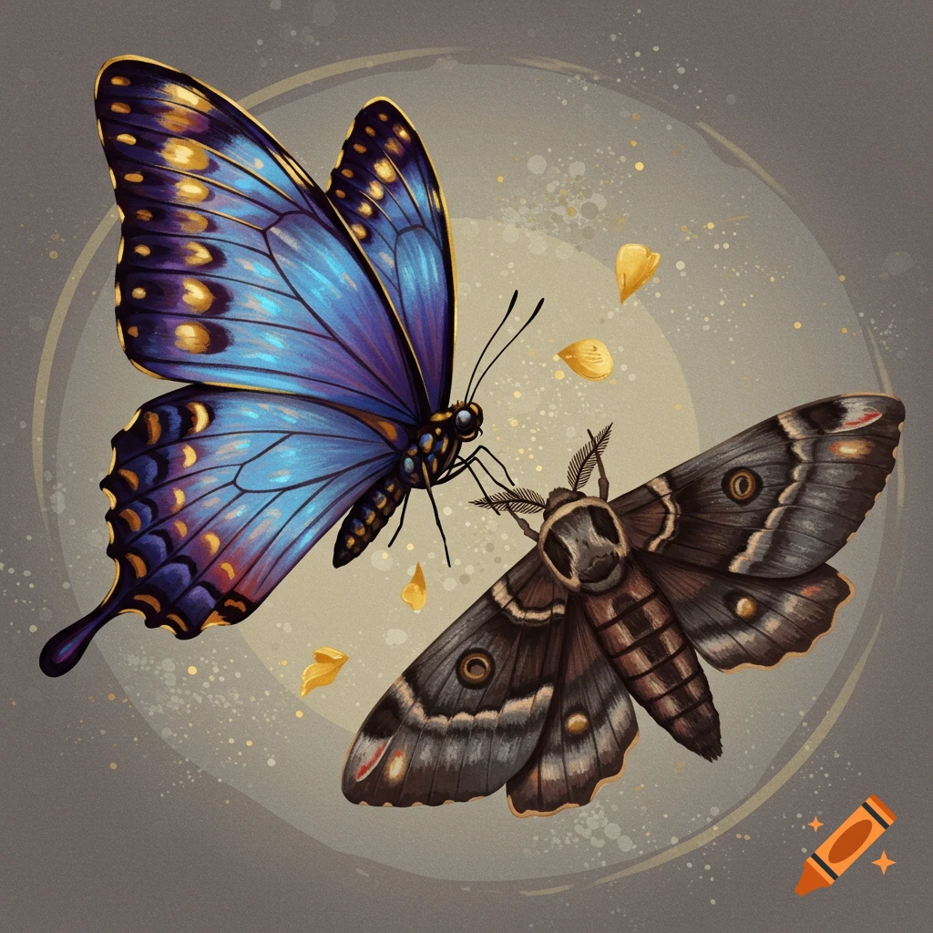 A blue butterfly and a brown moth with gold accents.