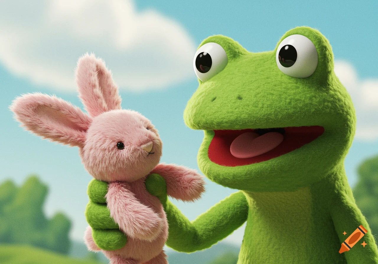 A whimsical image of a green frog puppet holding a pink bunny plush toy.