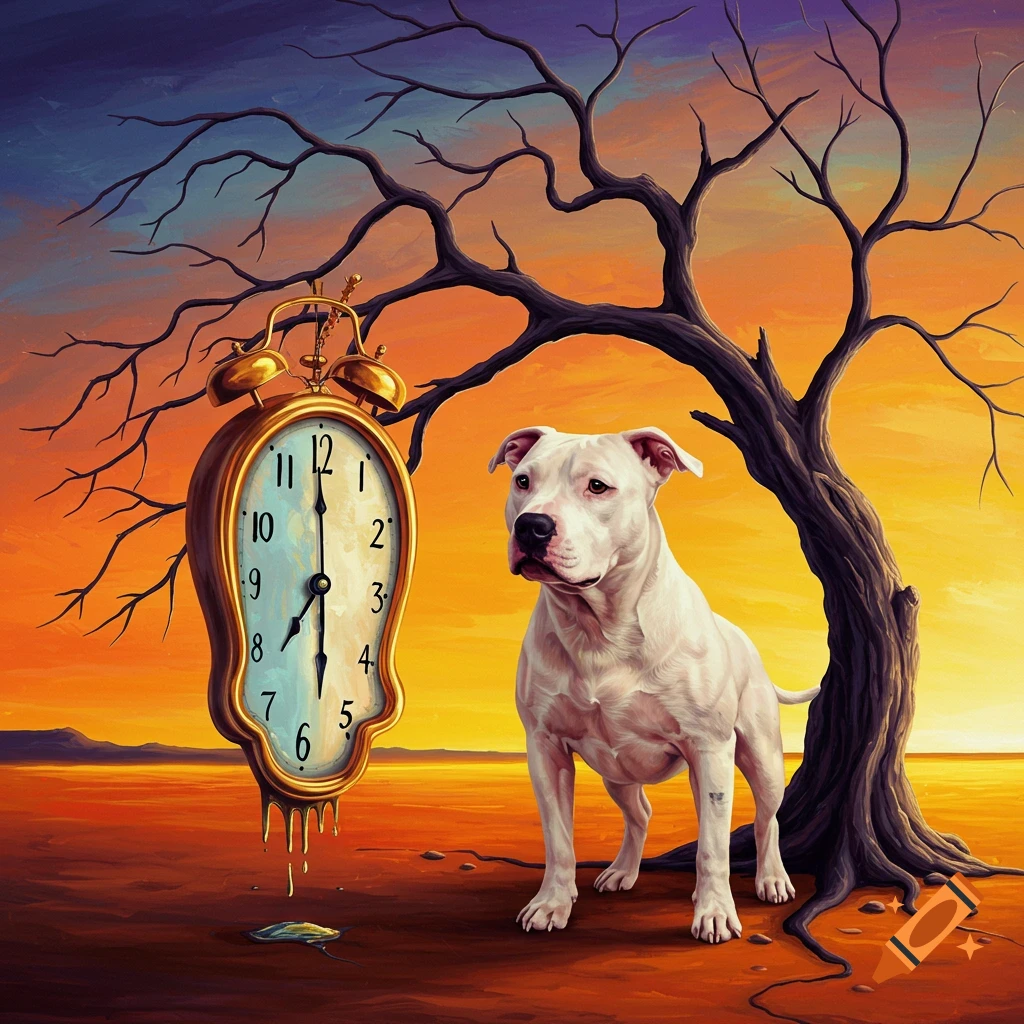White pitbull next to a melting clock and dead tree in a surreal desert landscape.