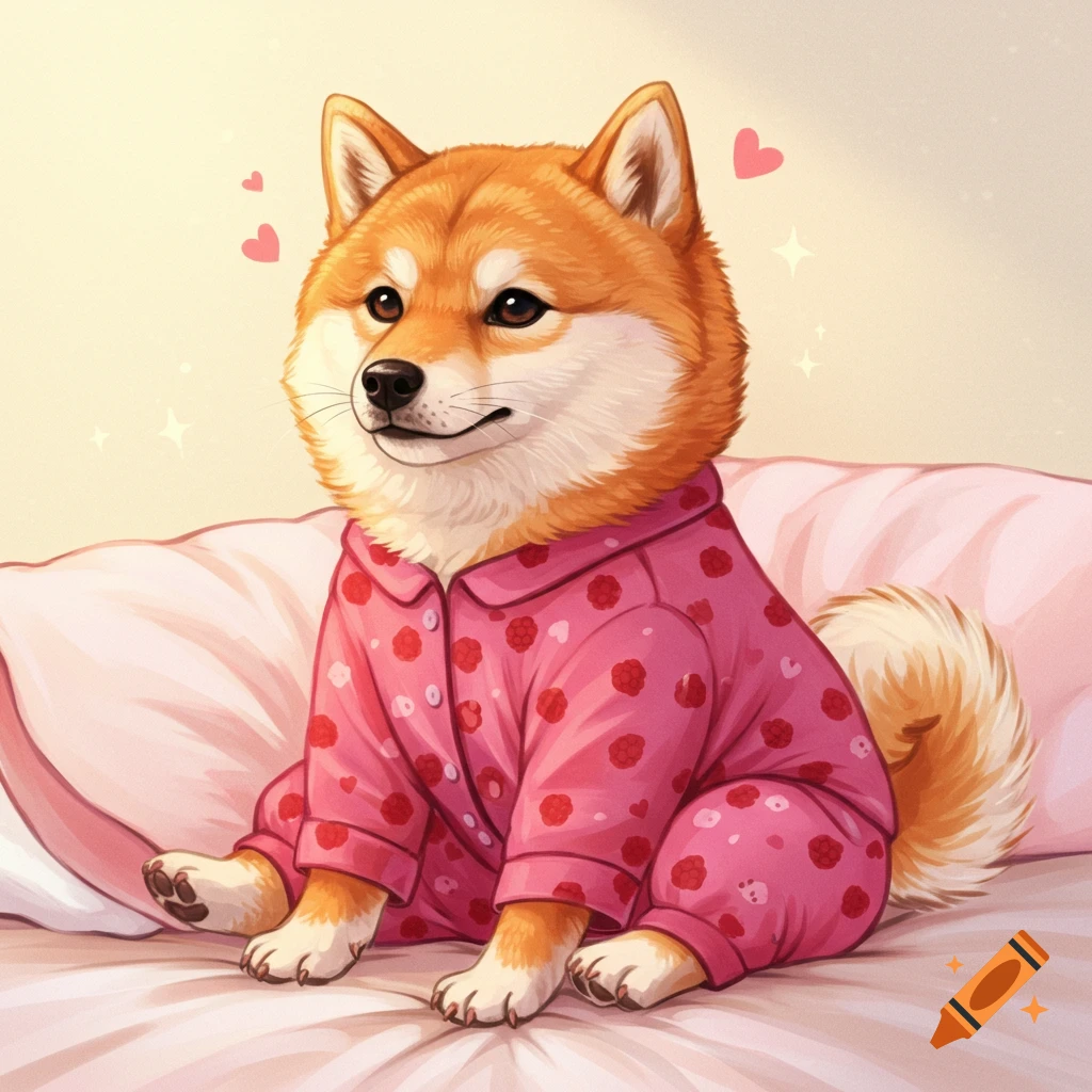 A cute Shiba Inu dog in pink pajamas with red berries sits on a bed.