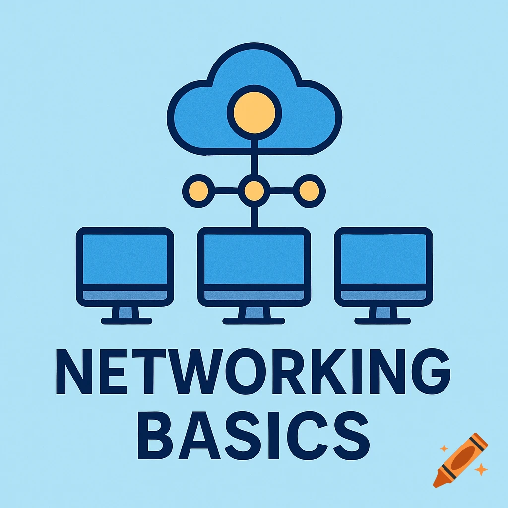 Stylized icon of a cloud connected to three computers above the text 'NETWORKING BASICS'.