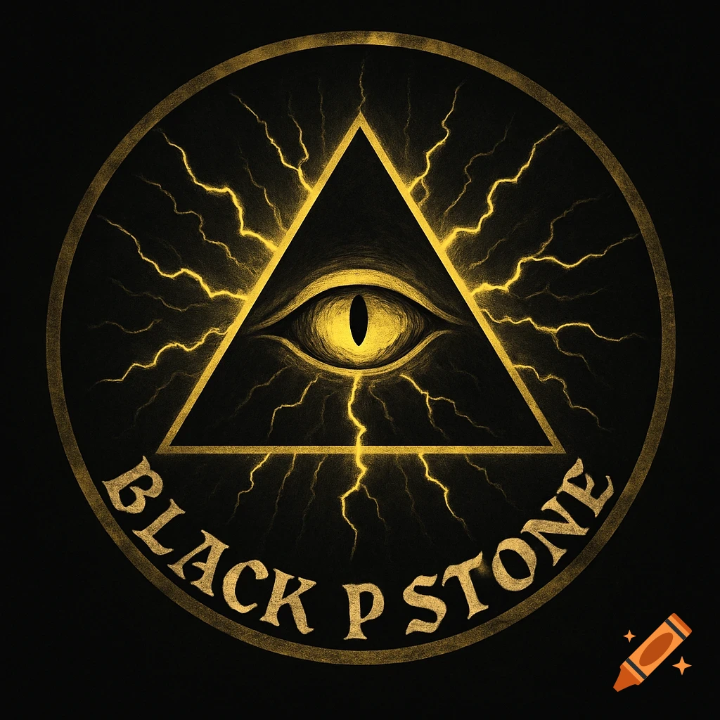 A circular emblem with a glowing yellow eye in a black triangle, emitting lightning, with the text "BLACK P STONE" below.