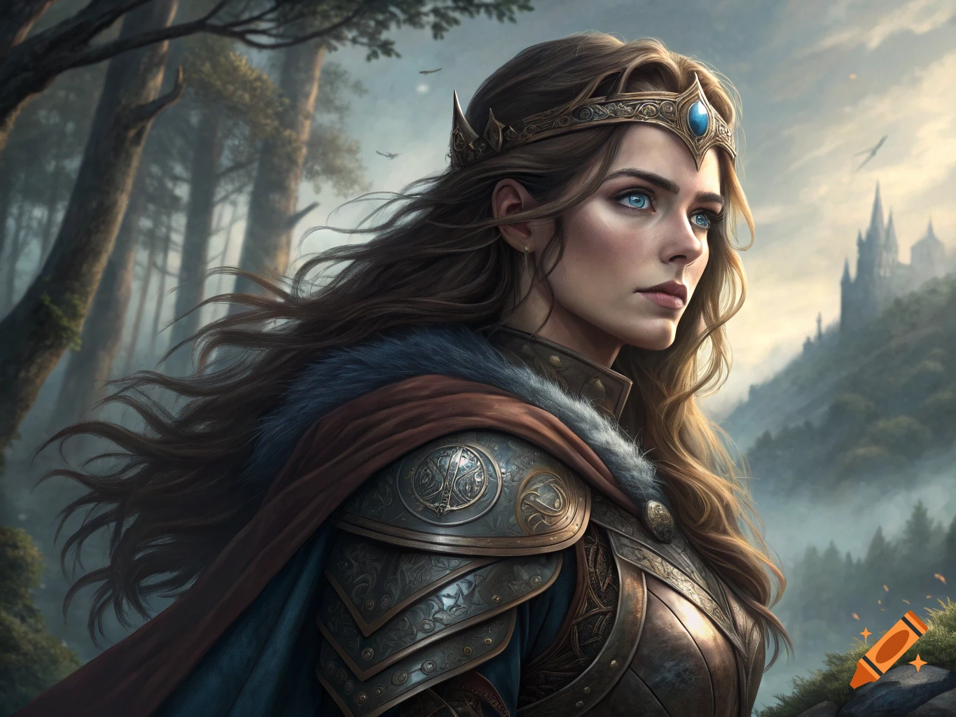 Portrait of a fantasy woman in detailed armor and crown in a forest with a distant castle.