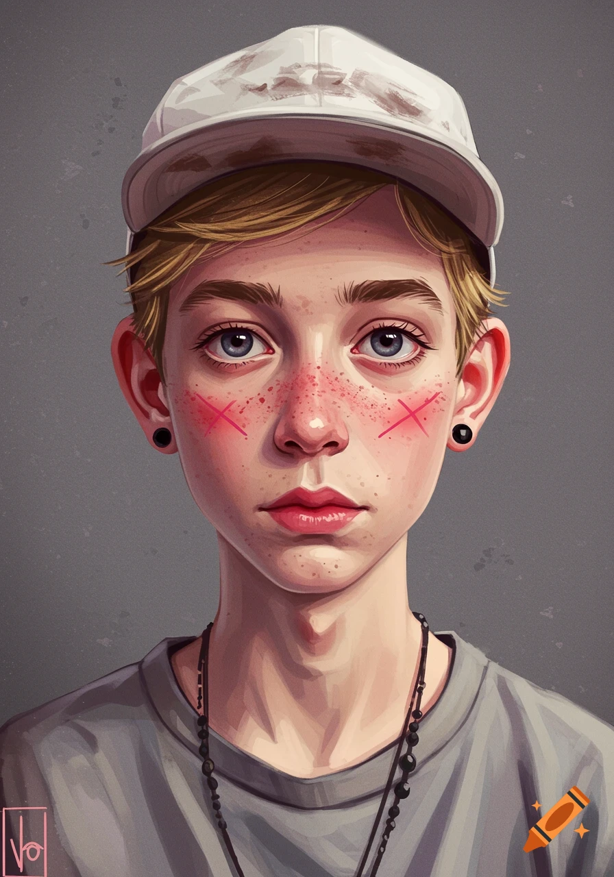 A young person wearing a white cap with freckles and a gray shirt.