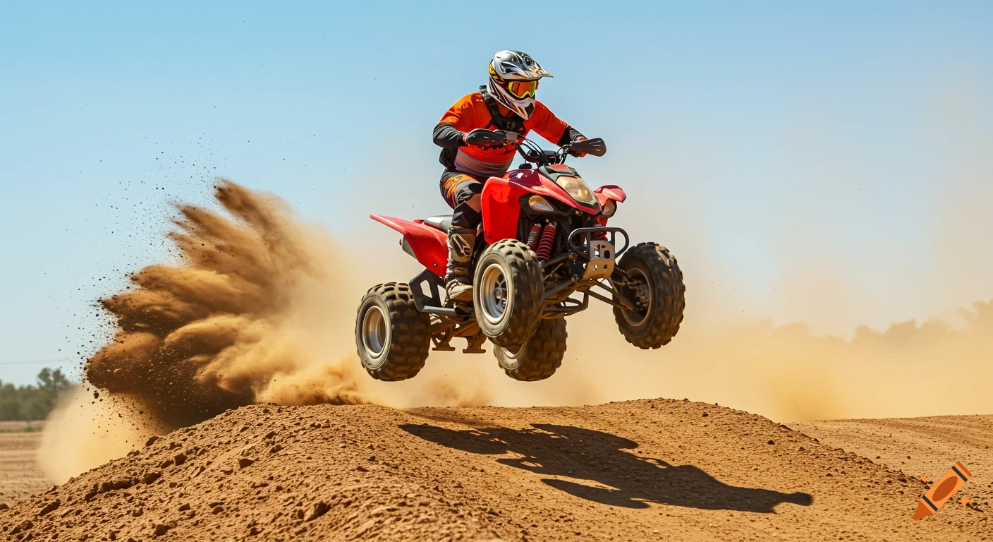 ATV rider jumps off a dirt mound, dust trailing behind