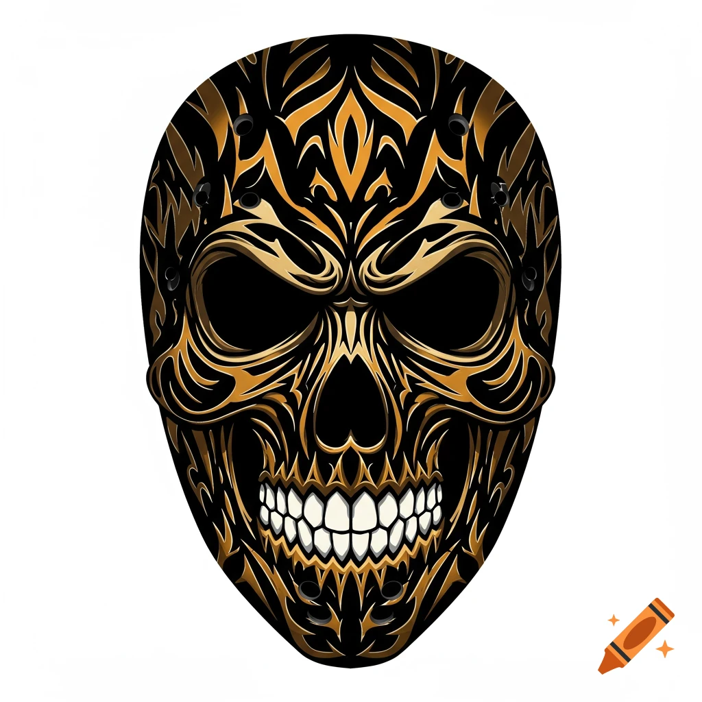 A vector illustration of a skull mask with golden tribal patterns on a black background.
