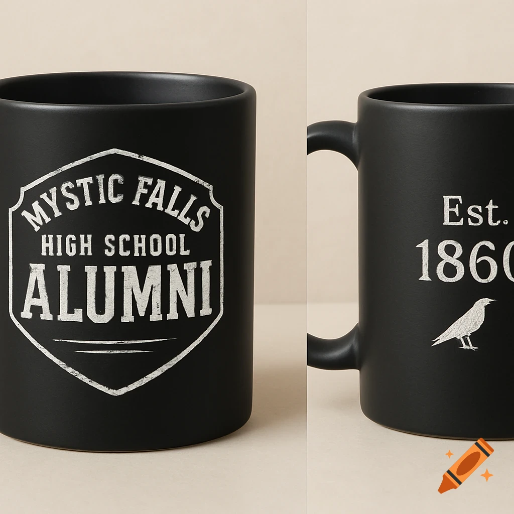 Black mug with 'Mystic Falls High School Alumni' badge and 'Est. 1860' with a crow icon. Product photo.