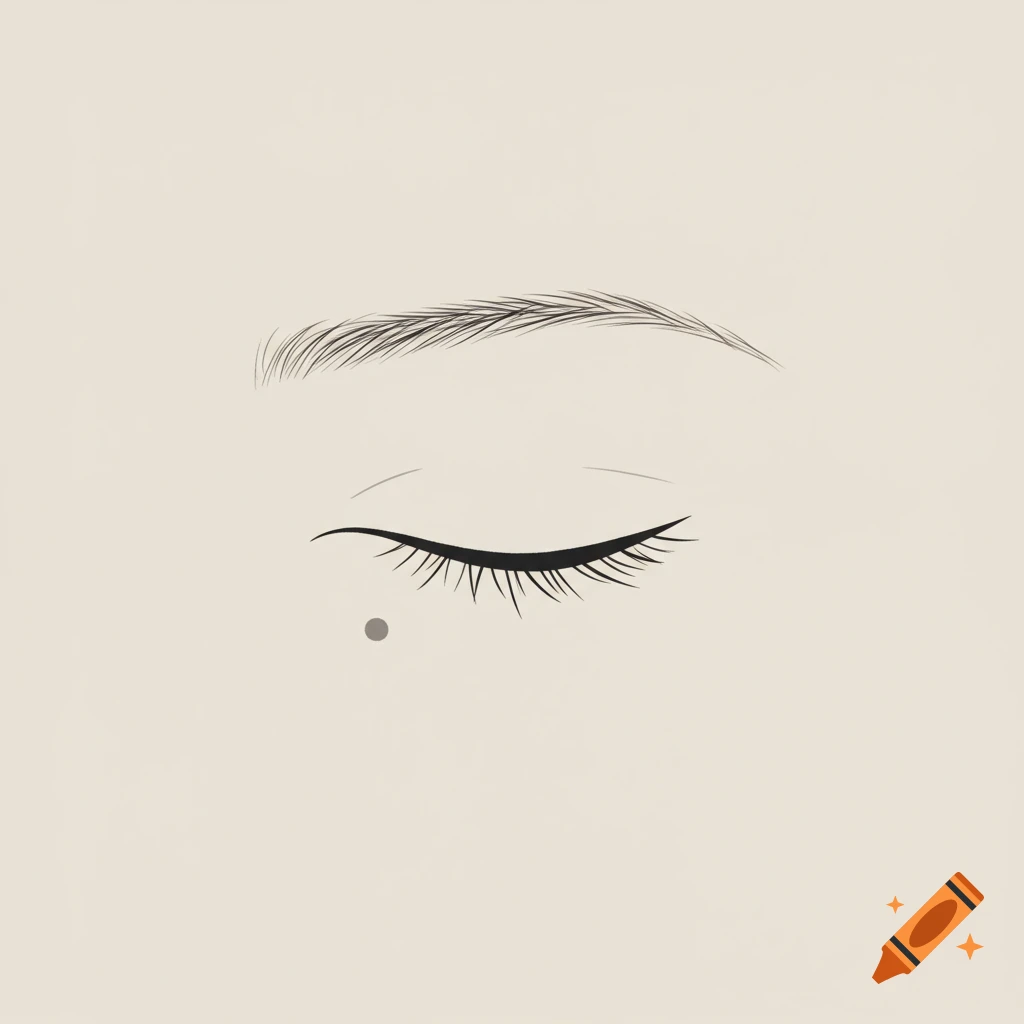 A minimalist illustration of a closed eye with an eyebrow and eyelashes, and a small dot below, on a light background.