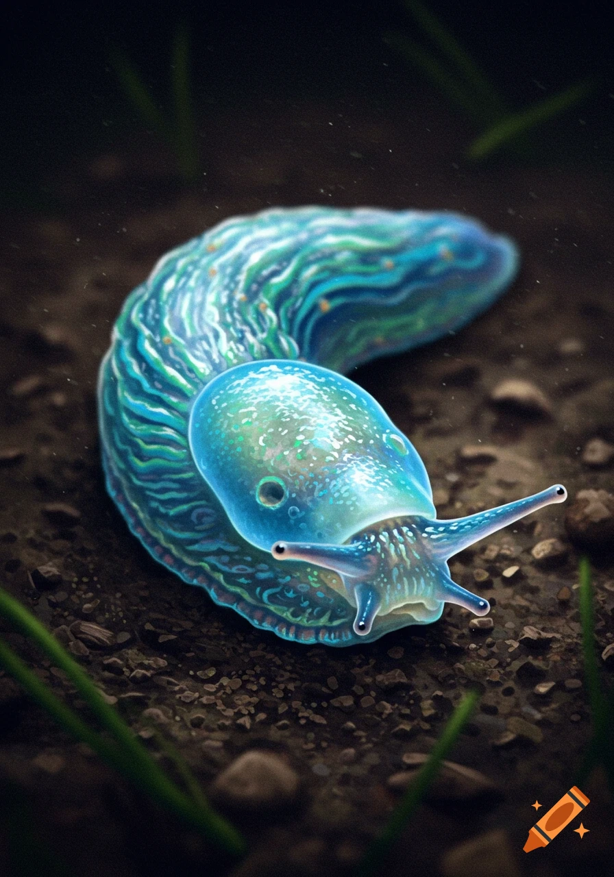 A vibrant blue and green slug crawling on dark earth.